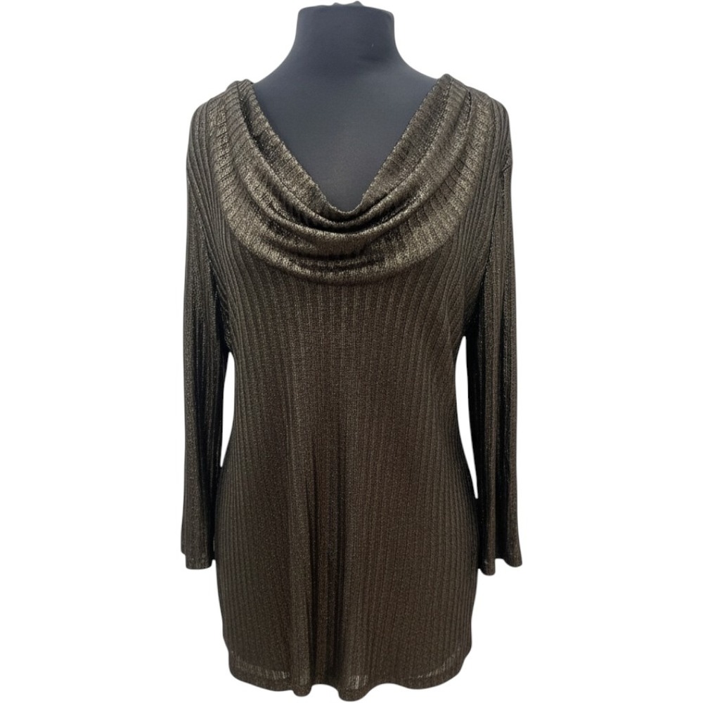 Frank Lyman Design Bronze Metallic Cowl Neck Ribbed Knit Top Size 18